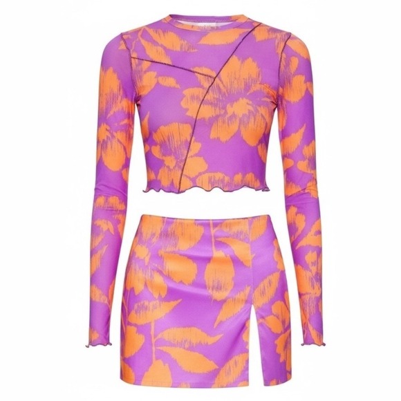 AFRM Women Tropical Floral Mesh 2 Piece Set Crop Top Mini Skirt Size Medium - Picture 2 of 7